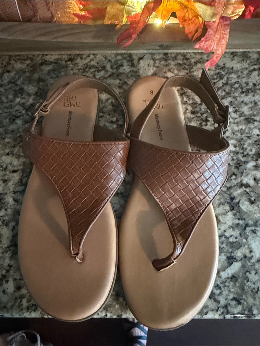 Time and Tru Brown Woven Thong Sandals with Ankle Strap